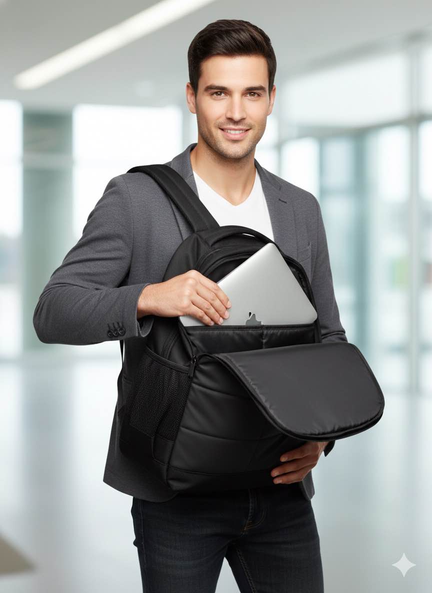 Picture of Premium HP Stylish Quilted Black Laptop Backpack 15.6 Inch | Waterproof & Durable Travel, College, Office Bag for Men & Women