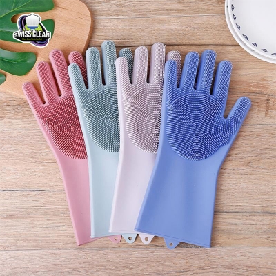 Picture of 1 Pair Silicone Dish Washing Kitchen Hand Gloves – Heat Resistant Scrubbing Gloves for Washing Dishes, Fruits & Household Cleaning (Multicolor)
