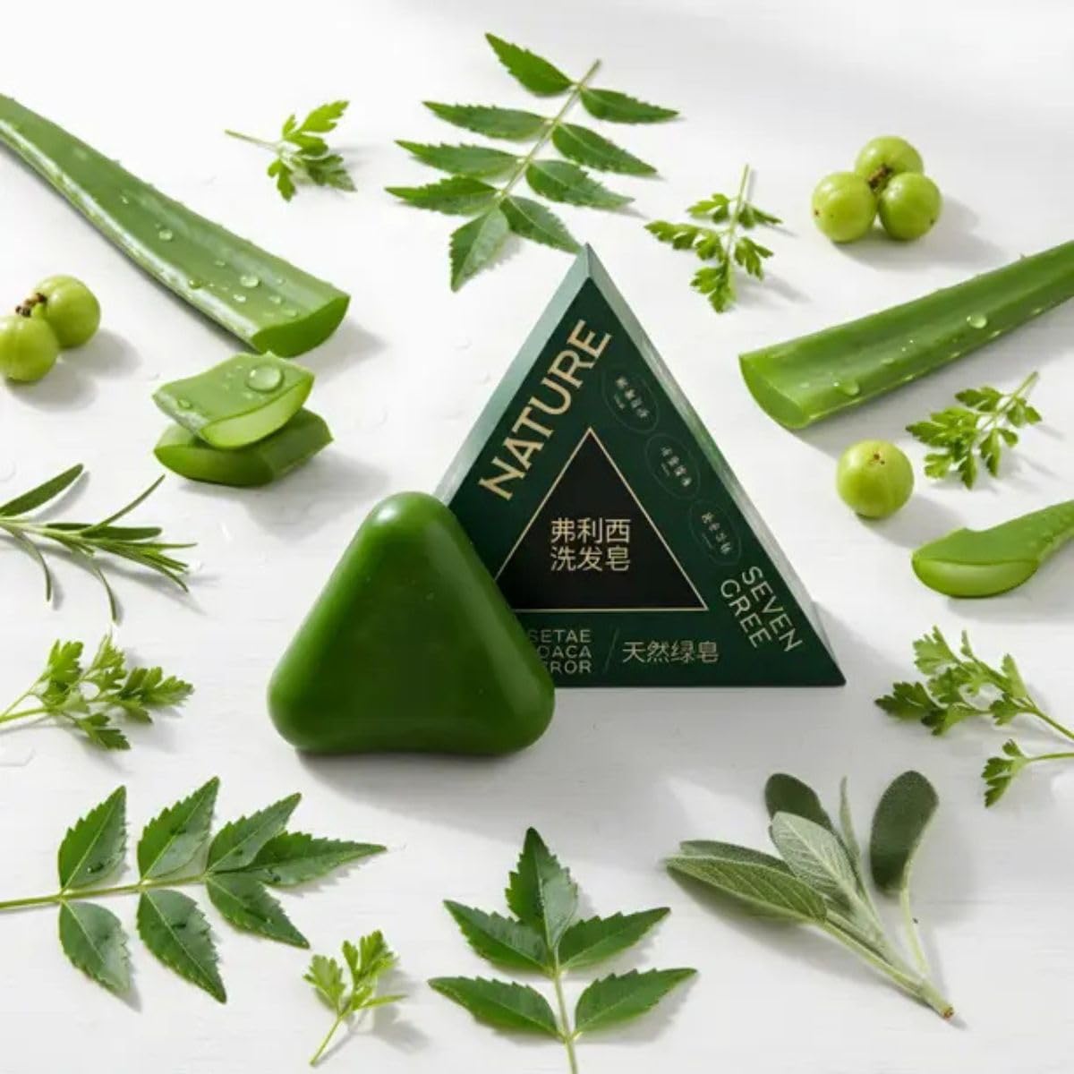 Picture of Nature Triangle Shampoo Bar, Nature Seven Green Soap Shampoo, Natural Usman Grass Hair Shampoo Bar for Women & Men, Solid Shampoo and Conditioner Bars for All Hair Types-120g