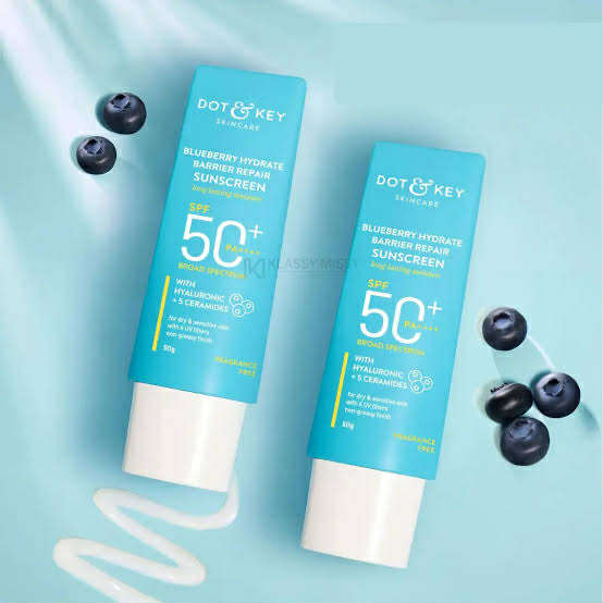 Picture of Dot & Key Blueberry Hydrate Barrier Repair Sunscreen 80gm SPF50+ PA++++ | For Dry & Sensitive Skin | Non - Greasy Finish | No White Cast | UV & Blue Light Protection | Broad Spectrum