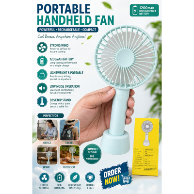 Picture of Rechargeable Portable Handheld Fan with Stand – 1200mAh USB Mini Desk Fan, 3 Speed Cooling Fan for Home, Office & Travel
