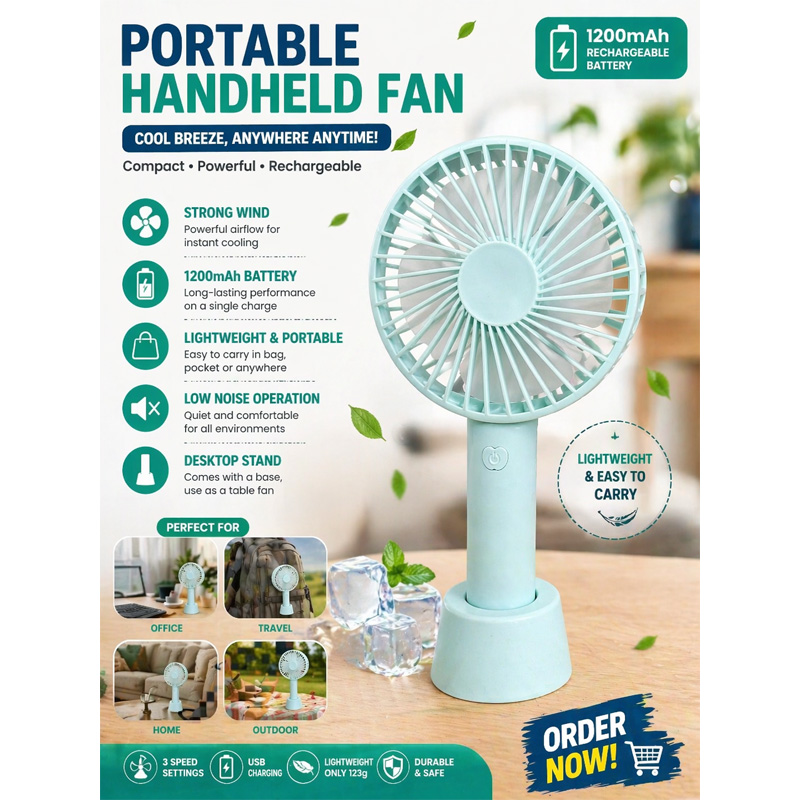 Picture of Rechargeable Portable Handheld Fan with Stand – 1200mAh USB Mini Desk Fan, 3 Speed Cooling Fan for Home, Office & Travel