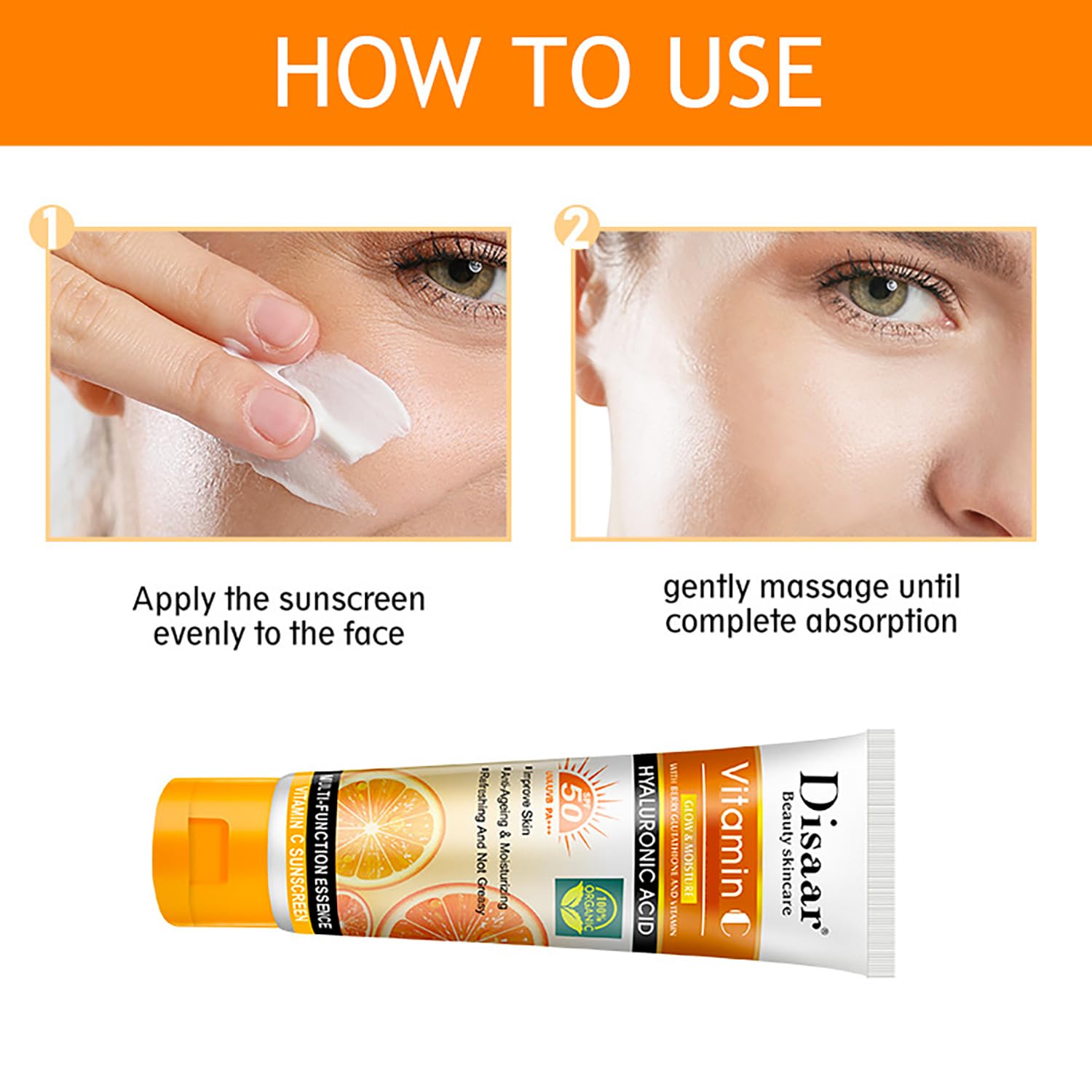 Picture of DISAAR BEAUTY Vitamin C Sunscreen Orange Extract Hyaluronic Acid SPF50 UVA/UVB PA+++ Moisturizing Refreshing Skin 50g