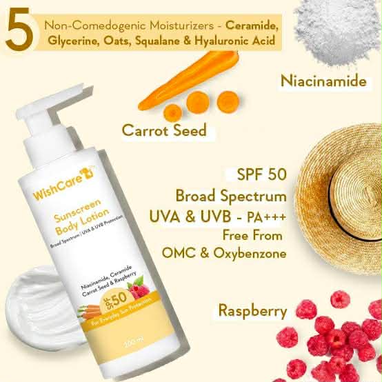 Picture of WishCare SPF50 Sunscreen Body Lotion - Broad Spectrum - UVA & UVB Protection with No White Cast - With Carrot Seed & Raspberry - For Men & Women - 200 Ml