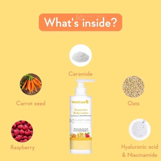 Picture of WishCare SPF50 Sunscreen Body Lotion - Broad Spectrum - UVA & UVB Protection with No White Cast - With Carrot Seed & Raspberry - For Men & Women - 200 Ml