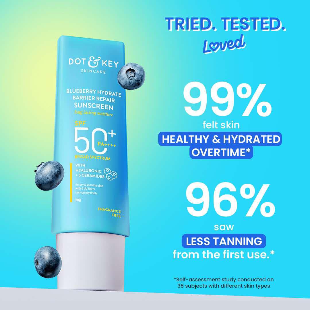 Picture of Dot & Key Blueberry Hydrate Barrier Repair Sunscreen 80gm SPF50+ PA++++ | For Dry & Sensitive Skin | Non - Greasy Finish | No White Cast | UV & Blue Light Protection | Broad Spectrum