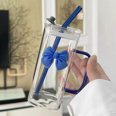 Picture of 350 ml Square Mug With Lids and Straws With Bow Water Cup Household Cup Female Milk Coffee Cups With Blue Handle Gift