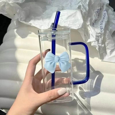 Picture of 350 ml Square Mug With Lids and Straws With Bow Water Cup Household Cup Female Milk Coffee Cups With Blue Handle Gift