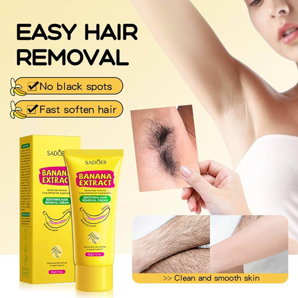 Picture of Sadoer Banana Hair Removal Cream Underarm Painless Hair Remover, Natural Gentle Depilatory, Legs, Arms and Body Hair Removal Lotion, Soothing & Skin Friendly for Women Men-60gm