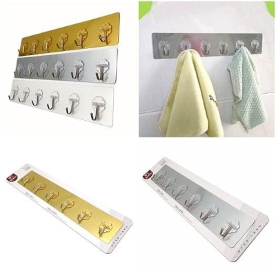 Picture of Wall 6 pcs set golden adhesive hook kitchen wall hanging bathroom seamless hanger hook - বহুবর্ণ