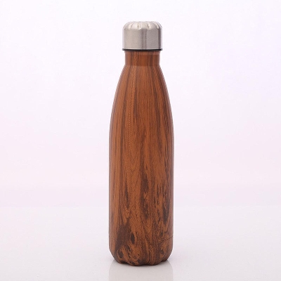 Picture of 500ml Stainless Steel Insulated Cola Shaped Wood Grain Printing Water Bottle - Brown