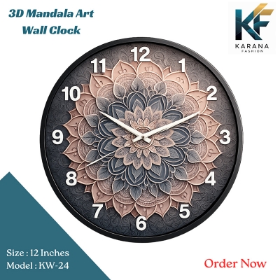 Picture of Karana Fashion (KW24) 12-Inch 3D Mandala Art Wall Clock - Elegant Dusty Rose & Slate Grey Geometric Décor - Black