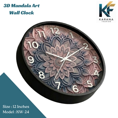 Picture of Karana Fashion (KW24) 12-Inch 3D Mandala Art Wall Clock - Elegant Dusty Rose & Slate Grey Geometric Décor - Black