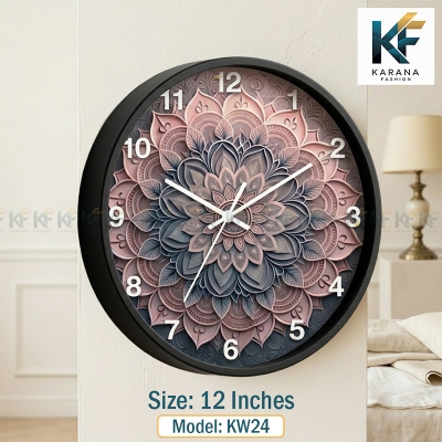 Picture of Karana Fashion (KW24) 12-Inch 3D Mandala Art Wall Clock - Elegant Dusty Rose & Slate Grey Geometric Décor - Black