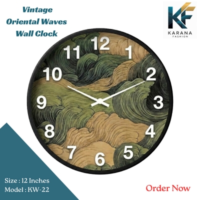 Picture of Karana Fashion (KW22) 12-Inch Vintage Oriental Waves Wall Clock - Abstract Japanese Art Style Home Décor - Black