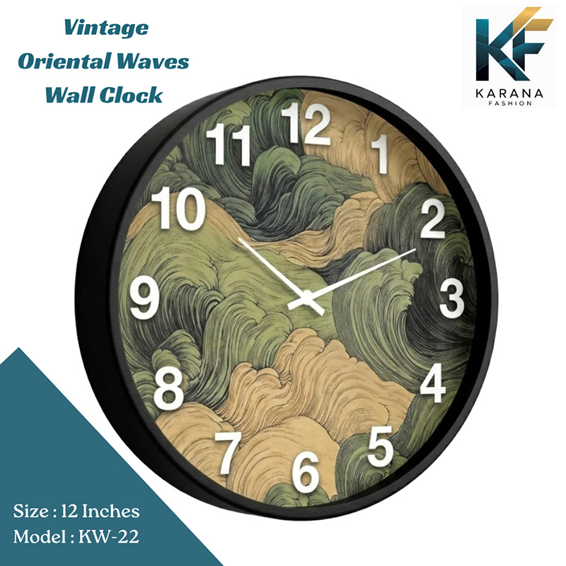 Picture of Karana Fashion (KW22) 12-Inch Vintage Oriental Waves Wall Clock - Abstract Japanese Art Style Home Décor - Black