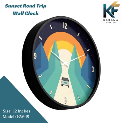 Picture of Karana Fashion (KW19) 12-Inch Sunset Road Trip Wall Clock - Creative Minimalist Mountain Landscape Décor - Black
