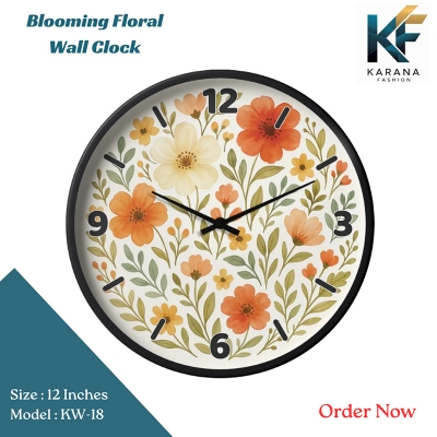 Picture of Karana Fashion (KW18) 12-Inch Blooming Floral Wall Clock - Elegant Orange & Cream Botanical Home Décor - Black
