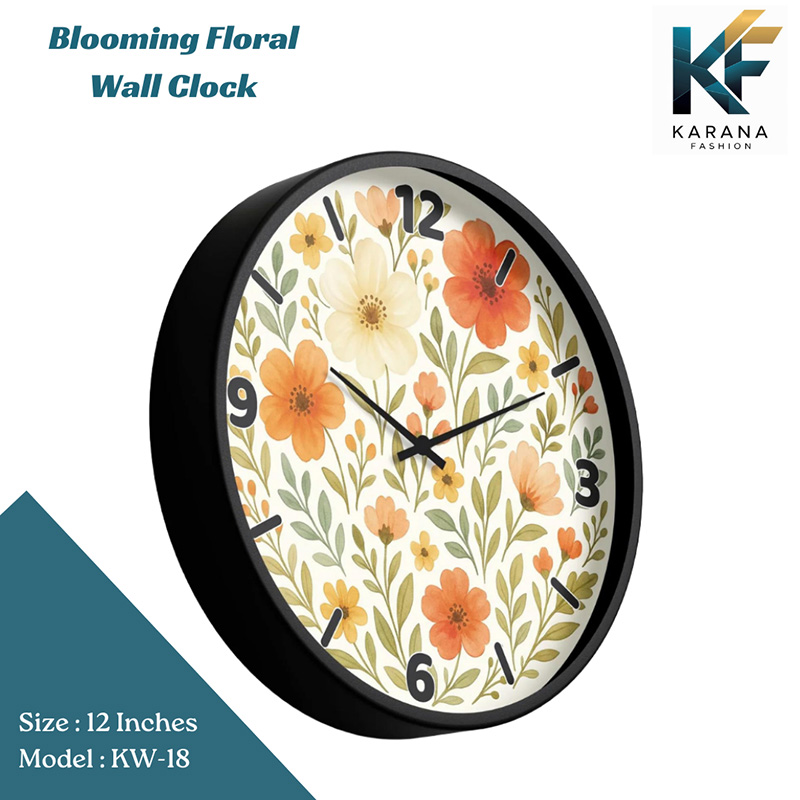 Picture of Karana Fashion (KW18) 12-Inch Blooming Floral Wall Clock - Elegant Orange & Cream Botanical Home Décor - Black