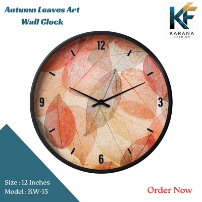 Picture of Karana Fashion (KW15) 12-Inch Autumn Leaves Wall Clock - Warm Skeleton Leaf Aesthetic Home Décor - Black