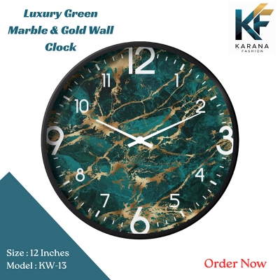 Picture of Karana Fashion (KW13) 12-Inch Luxury Green Marble & Gold Wall Clock - Premium Emerald Stone Effect Décor - Black