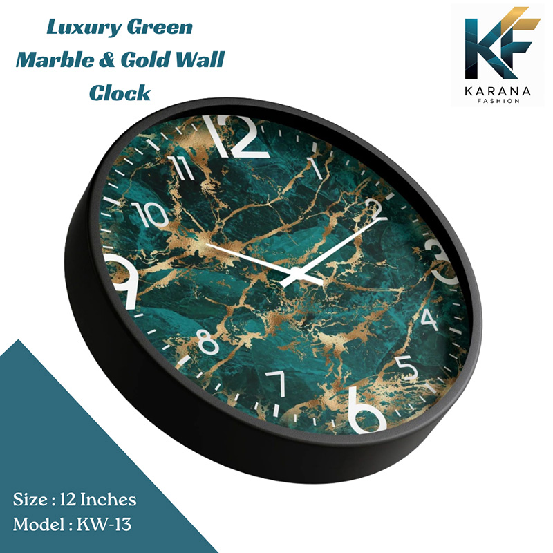 Picture of Karana Fashion (KW13) 12-Inch Luxury Green Marble & Gold Wall Clock - Premium Emerald Stone Effect Décor - Black