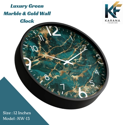 Picture of Karana Fashion (KW13) 12-Inch Luxury Green Marble & Gold Wall Clock - Premium Emerald Stone Effect Décor - Black