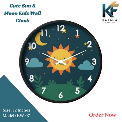Picture of Karana Fashion (KW07) 12-Inch Cute Sun & Moon Kids Wall Clock - Playful Nursery & Bedroom Décor - Black