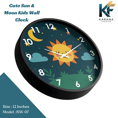 Picture of Karana Fashion (KW07) 12-Inch Cute Sun & Moon Kids Wall Clock - Playful Nursery & Bedroom Décor - Black