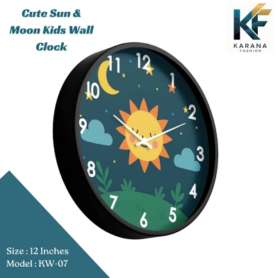 Picture of Karana Fashion (KW07) 12-Inch Cute Sun & Moon Kids Wall Clock - Playful Nursery & Bedroom Décor - Black