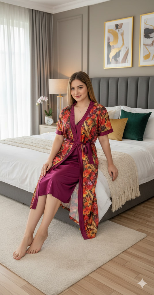 Picture of Silky Peacock Satin Nightgown - Luxurious Print Nightdress Comfortable Day and Night Wear - All-Season Nighty