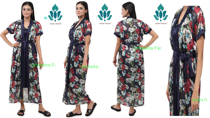 Picture of Indian Silky Satin Nightgown 2 Part Comfortable Day And Night Wear Luxurious Print Nightdress. - Night Dress For Women