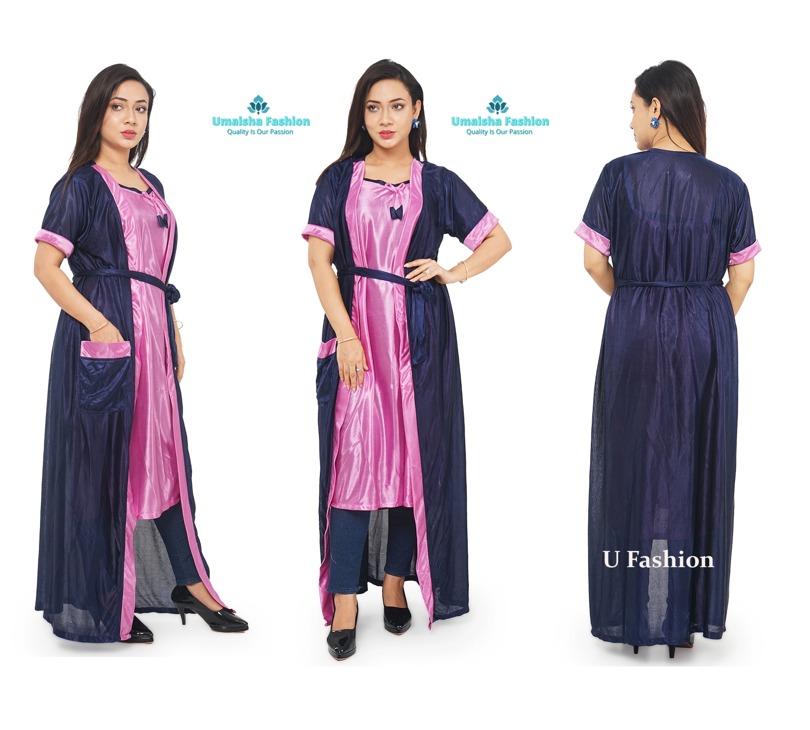 Picture of Two-Part Pocket Nighty - Sleepwear Border Line Nightdress - Comfortable Night Dress - Suitable for All Seasons