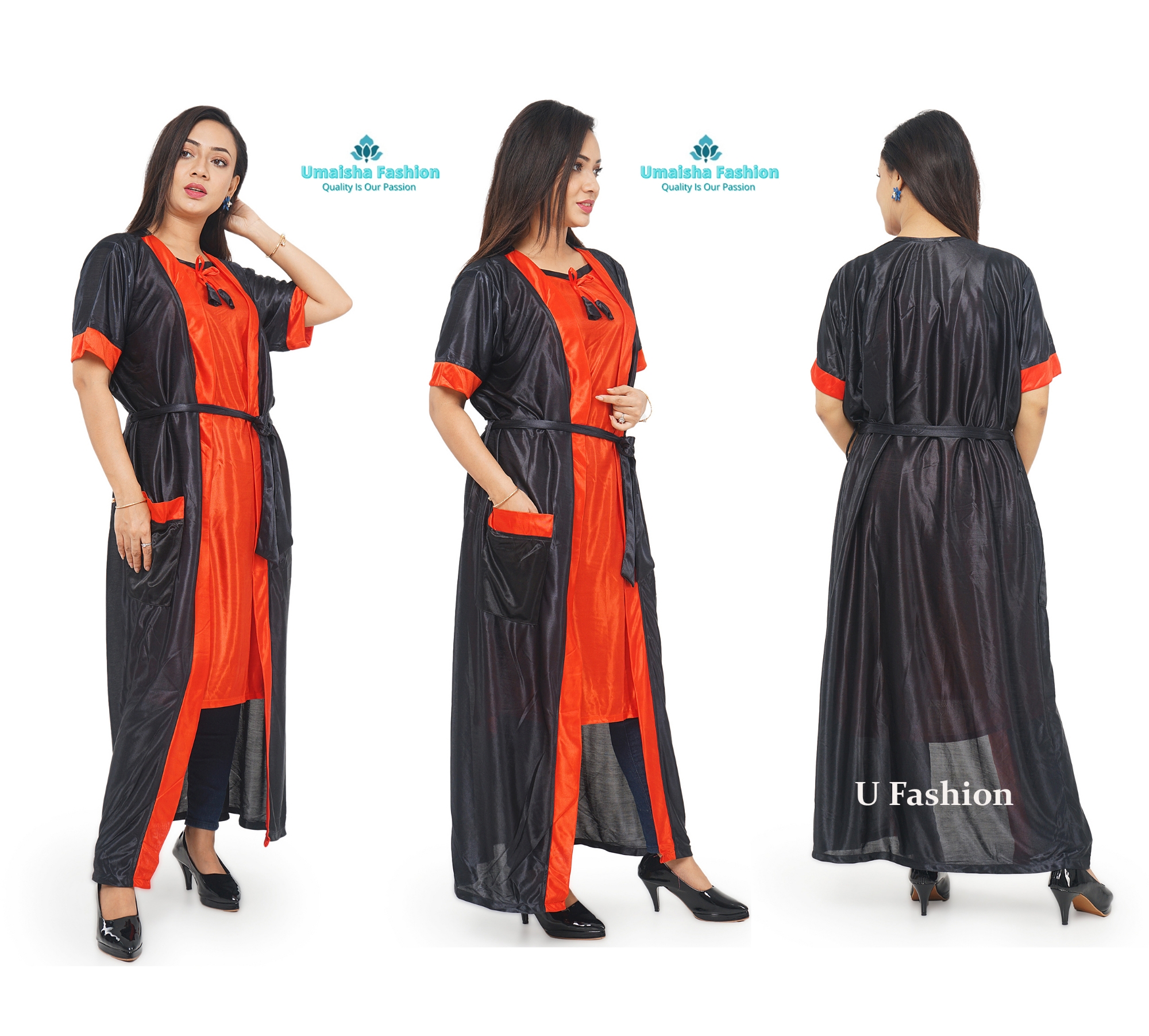 Picture of Two-Part Pocket Nighty - Sleepwear Border Line Nightdress - Comfortable Night Dress - Suitable for All Seasons