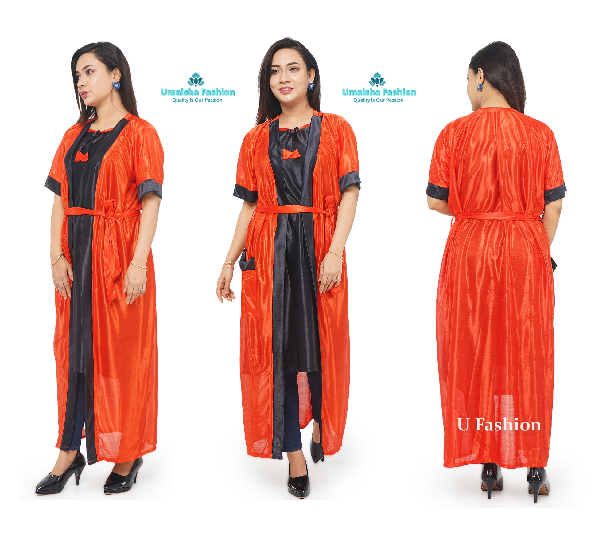 Picture of Two-Part Pocket Nighty - Sleepwear Border Line Nightdress - Comfortable Night Dress - Suitable for All Seasons