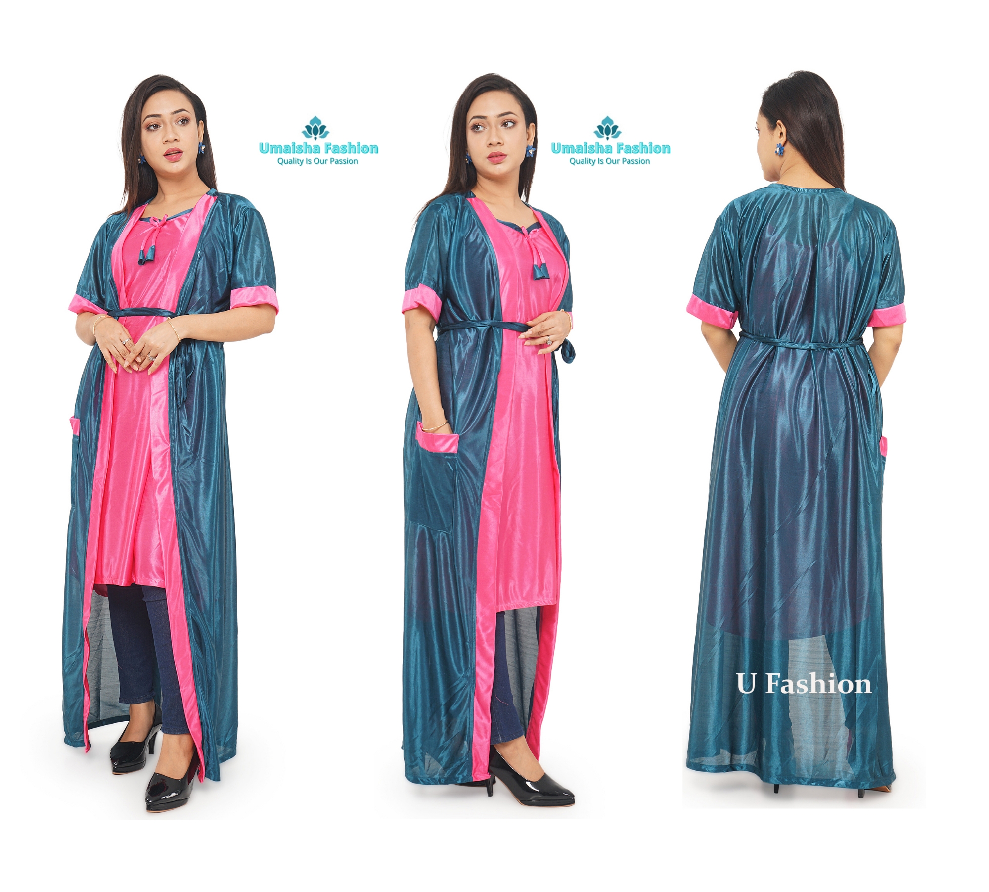 Picture of Two-Part Pocket Nighty - Sleepwear Border Line Nightdress - Comfortable Night Dress - Suitable for All Seasons