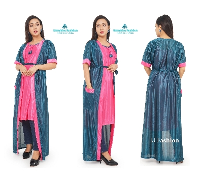 Picture of Two-Part Pocket Nighty - Sleepwear Border Line Nightdress - Comfortable Night Dress - Suitable for All Seasons