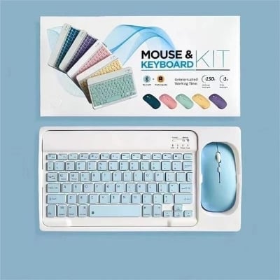 Picture of Wireless Keyboard and Mouse Set: Compact Bluetooth Keyboard (Rechargeable) with Matching Mouse. English Ergonomic Design for a Comfortable Experience on iPad, Tablets, Phones, Laptop, Android, iOS, and Windows(Blue)