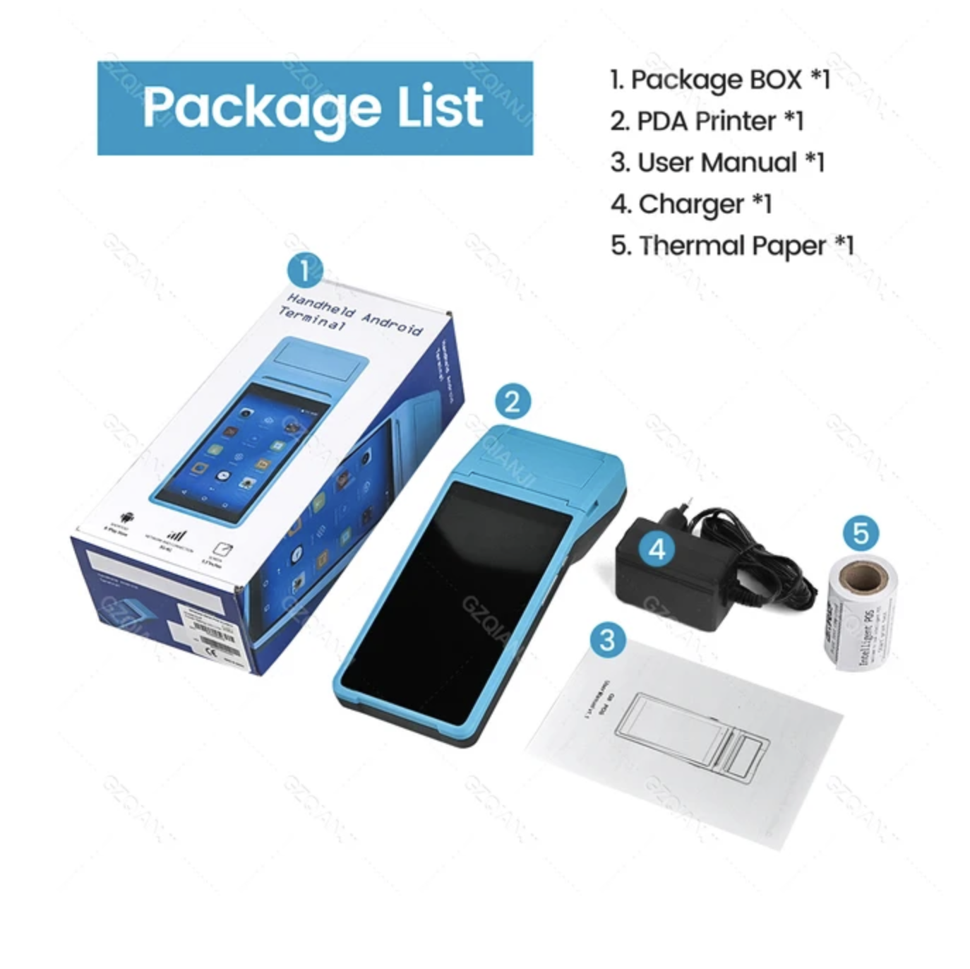 Picture of Handheld POS Receipt Printer Android with 5 Inch Touchscreen 58mm Width Thermal Printer Barcode Scanner 1D2D PDA Terminal Support Dual SIM, WiFi Bluetooth Label Printing for Restaurant, Bus Ticket, Small Business, FoodPanda Restaurant POS Printer(Blue)