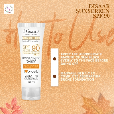 Picture of Disaar Sunscreen SPF 90 Instant Protection UVA UVB Foundation PA+++ Oil Free Sunblock Cover Protect Perfectly Moisturizing Coverage Surge 40g