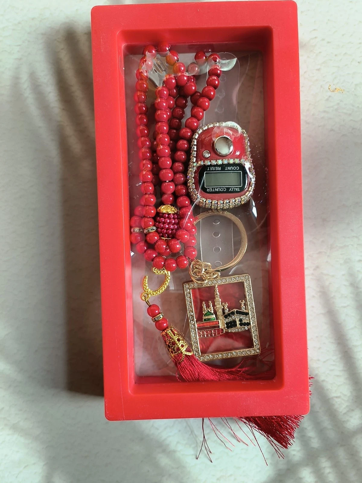 Picture of Tasbih Set with Digital Counter & Keyring  Complete Ramadan Prayer Counter Gift Set  Elegant Gift for Eid, Umrah, Hajj & Weddings  Premium Muslim Tally Counter(Red)