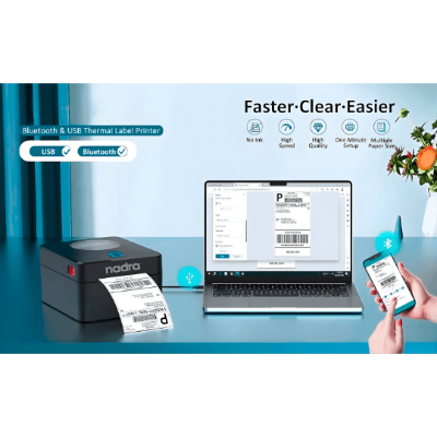 Picture of Multifunctional Label + POS Receipt Printer  USB + Bluetooth Connectivity  Perfect for 4x6, 3x4, 2x3 Inch Daraz, Steadfast Shipping Labels Printing  Barcode Label Maker  Compatible with PCs, Laptops, Smartphones  Direct Thermal Printing Tech - Nadra(Black)