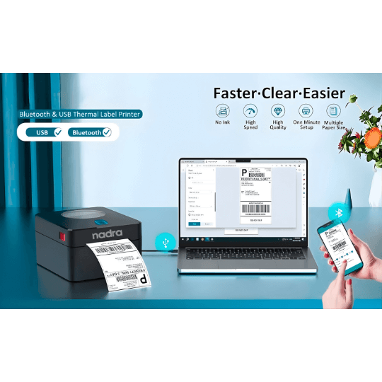 Picture of Versatile Label + POS Receipt Printer  USB and Bluetooth  Ideal for Printing 4x6, 3x4, and 2x3 Inch Labels for Daraz, Steadfast Courier Sticker  Barcode Label Maker  Compatible with PCs, Laptops, and Smartphones  Direct Thermal Printing Tech - Nadra(Black)