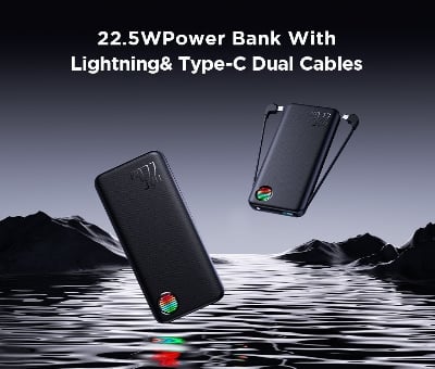 Picture of Joyroom JR-L015 22.5W Power Bank with Dual Cables & Troch Light 20000mAh Big Capacity External Charging Battery - Black