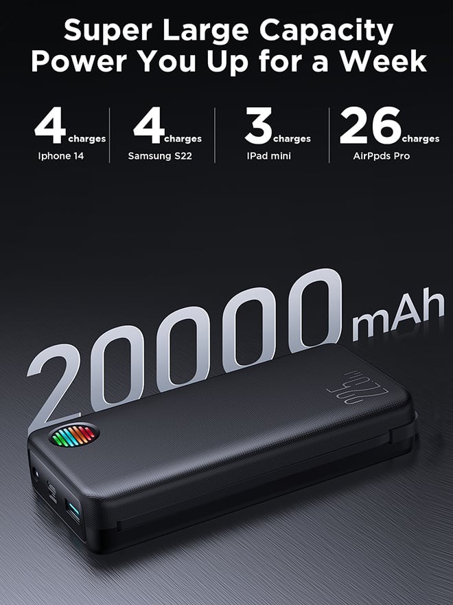 Picture of Joyroom JR-L015 22.5W Power Bank with Dual Cables & Troch Light 20000mAh Big Capacity External Charging Battery - Black