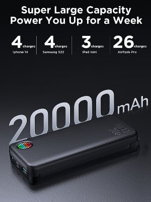 Picture of Joyroom JR-L015 22.5W Power Bank with Dual Cables & Troch Light 20000mAh Big Capacity External Charging Battery - Black