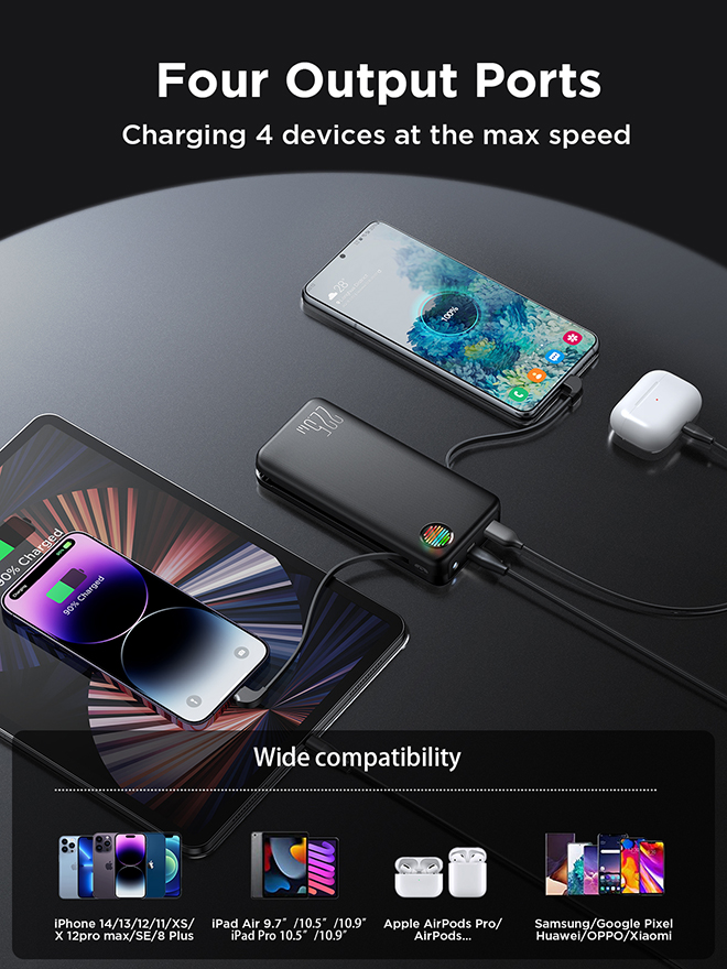 Picture of Joyroom JR-L015 22.5W Power Bank with Dual Cables & Troch Light 20000mAh Big Capacity External Charging Battery - Black