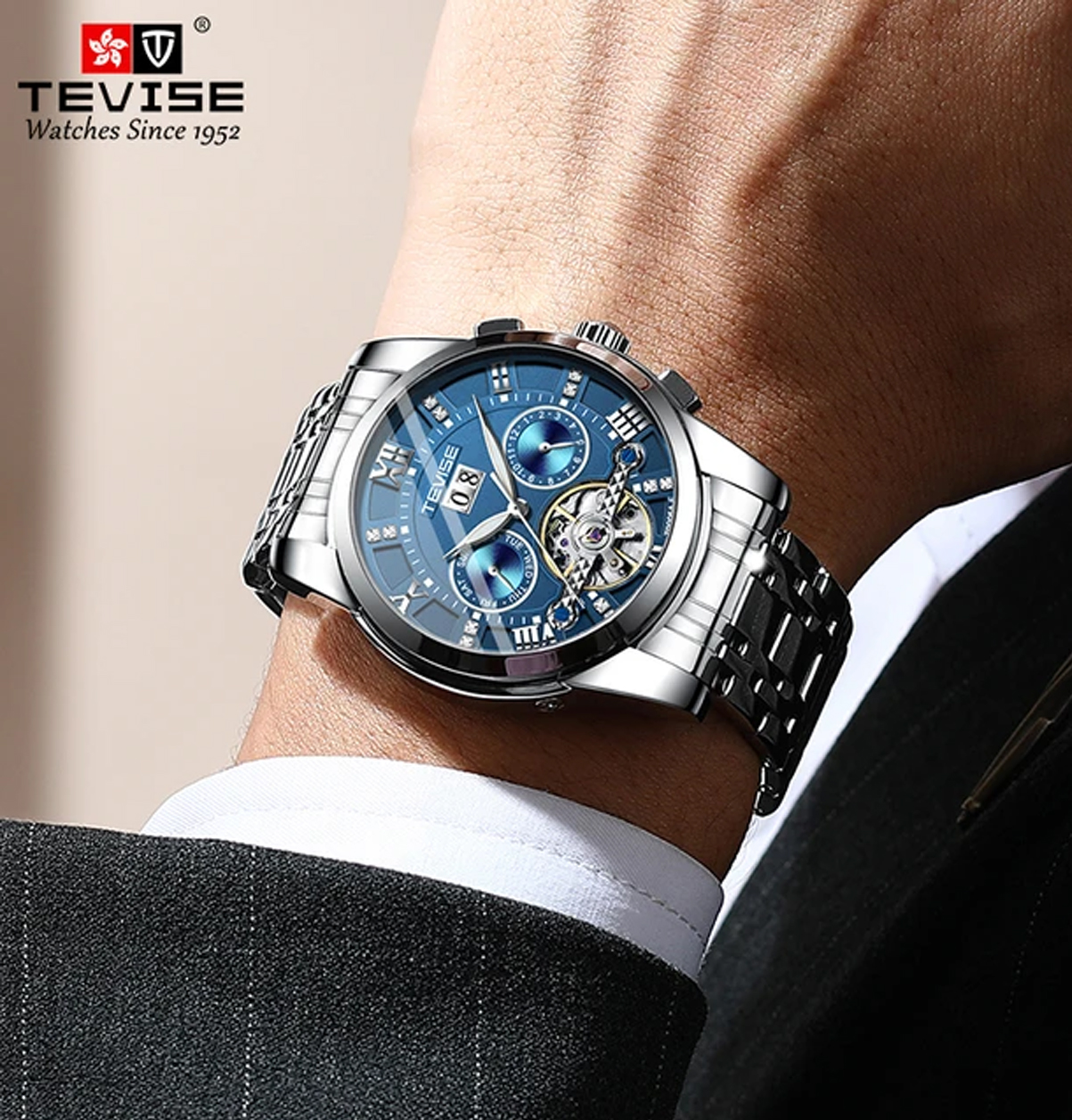 Picture of Tevise T9005Big Classic Business Design Mechanical Luxury watch for Men - Silver Blue - Blue