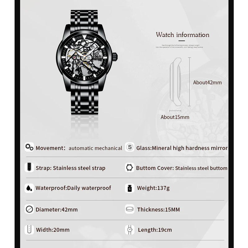 Picture of Tevise T9005E Hollow-out Luminous Stainless Steel Automatic Mechanical Watch - Silver Blue - Blue