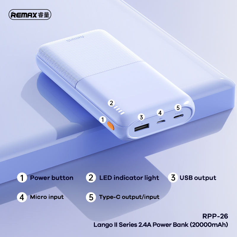 Picture of Remax RPP-26 Type-C & Micro USB  2 Inputs 20000mAh Power Bank With 6 Month Warranty - Black/White